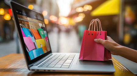 A hand holds a pink paper shopping bag next to a laptop showcasing colorful bags, reflecting the modern online shopping experience in a lively urban setting.の素材