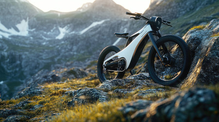 A sleek electric bicycle rests on rocky terrain at sunset, surrounded by majestic mountains, embodying the spirit of adventure and outdoor exploration.の素材