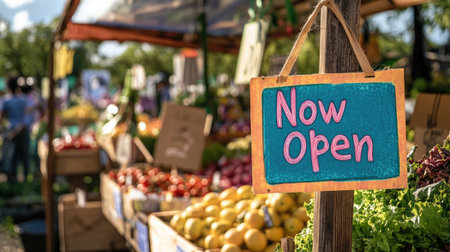 A vibrant outdoor farmers market featuring fresh produce, colorful signage, and a welcoming atmosphere for visitors to explore local goods and enjoy seasonal offerings.の素材