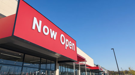 A vivid "Now Open" sign catches the eye of shoppers, showcasing a new retail store with a modern design under a clear blue sky, inviting customers to explore the fresh offerings.の素材
