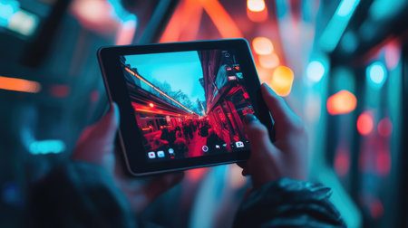 A dynamic scene featuring a person holding a tablet, capturing an urban street alive with neon lights and bustling pedestrians, showcasing the blend of technology and modern city life.の素材