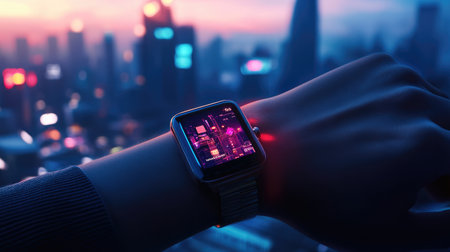 A close-up view of a smartwatch showcasing vibrant neon graphics, set against a striking urban skyline during dusk, highlighting technology and modern lifestyle.の素材