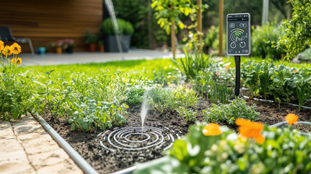 A modern garden features a smart irrigation system designed for efficient watering. The lush vegetation and flowers showcase a sustainable and vibrant outdoor space.の素材