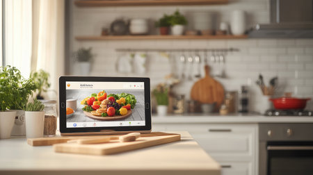 A bright kitchen scene featuring a tablet showcasing a healthy food recipe, surrounded by fresh vegetables and cooking utensils on a sunny countertop, inviting culinary creativity.の素材