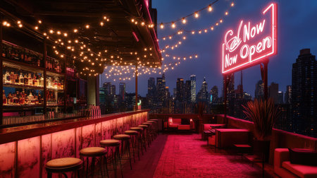 A vibrant rooftop bar scene featuring glowing neon signs and charming string lights, creating an inviting space to enjoy drinks while overlooking a stunning city skyline at night.の素材
