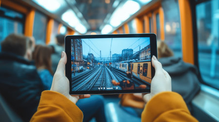 A passenger interacts with a tablet in a public transport setting, presenting a captivating view of train tracks, blending technology with the urban travel experience.の素材