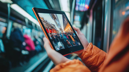 A person is capturing a lively scene on a tablet in a subway, filled with commuters surrounded by vibrant colors, showcasing contemporary urban life and technology integration.の素材