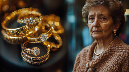 A refined elderly woman showcases a stunning collection of vintage rings, featuring intricate designs and sparkling diamonds in an elegant setting that radiates beauty and timeless charm.の素材