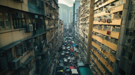 A vibrant urban scene showcasing a bustling market filled with shoppers and vendors in a densely populated city, framed by towering high-rise buildings during the golden hour.の素材