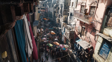 A lively street market filled with diverse people and vibrant umbrellas, showcasing the cultural richness of urban living with colorful buildings and buzzing activity.の素材