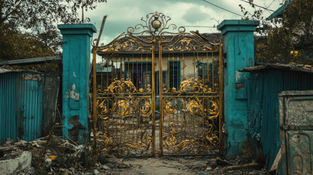 Discover an abandoned mansion gate with intricate golden details, surrounded by natures overgrowth, creating an atmosphere rich in history and mystique.の素材