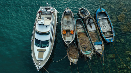 This aerial view captures a serene moment with various boats neatly docked, showcasing their unique designs and the tranquil blue waters surrounding them.の素材