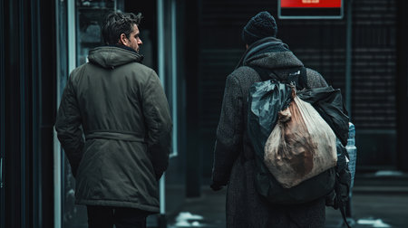 Two men stroll through an urban setting, showcasing a stark contrast between their appearances and lives, capturing the complexities of city life in a dark and atmospheric scene.の素材