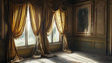 A beautifully styled interior room featuring elegant golden drapes, soft light streaming through windows, and rich textures that create a serene and atmospheric environment.の素材