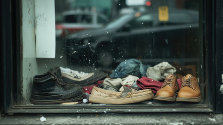 A scene capturing abandoned shoes and clothes in a window display, showcasing the intersection of urban life and neglect in everyday surroundings.の素材