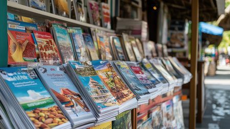 A vibrant collection of travel magazines and brochures arranged at a street stall, inviting tourists to discover local attractions and activities in a sunny environment.の素材