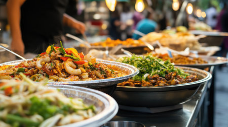 A colorful street food market stall brimming with diverse dishes and fresh ingredients, showcasing the vibrant culinary culture in a bustling outdoor atmosphere.の素材