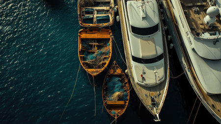 A stunning aerial view captures the contrast between rustic fishing boats and an elegant luxury yacht, perfectly showcasing the harmony of maritime life and leisure.の素材