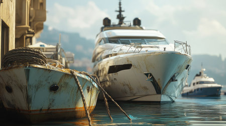 This image features a stunning juxtaposition of luxury yachts and a weathered fishing boat in a tranquil harbor, showcasing a picturesque coastal scene bathed in soft sunlight.の素材