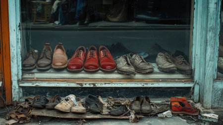 A captivating array of vintage shoes showcased in a storefront window, blending elegant leather styles with worn and neglected footwear, revealing urban character.の素材