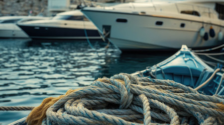 A stunning view featuring a coiled rope on a boat with luxury yachts in the background. The calm waters reflect the boats, creating a peaceful marina atmosphere at sunset.の素材