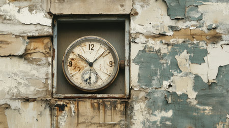 A vintage wall clock set against a distressed concrete wall, showcasing the beauty of decay and rustic charm that adds character to any artistic project or interior space.の素材