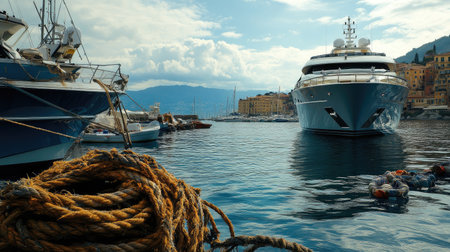 A captivating view of yachts and boats moored in a peaceful harbor, reflecting the beautiful mountains and blue skies, perfect for travel enthusiasts and adventure seekers.の素材