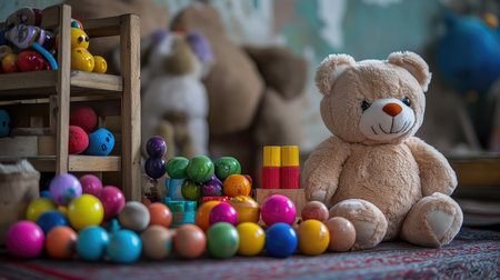 A heartwarming image showcasing a plush teddy bear beside an assortment of colorful baby toys, creating a nostalgic and inviting play area ideal for child development and joyful memories.の素材