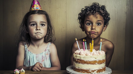 Two children showcase contrasting emotions during a birthday celebration, with a colorful cake and party hat emphasizing the joy and complexity of childhood celebrations.の素材