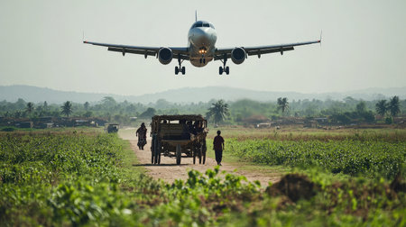 Airplane descends above a rural landscape featuring a traditional cart and people, illustrating the blend of modern technology and pastoral living in serene surroundings.の素材