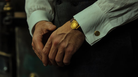 A detailed close-up of a man's wrist adorned with a classic gold watch and elegant cufflinks, set against an atmospheric industrial background, showcasing timeless style.の素材