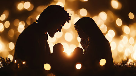 Heartwarming silhouette of parents lovingly holding their newborns, illuminated by a soft glowing background that captures the essence of family joy and connection.の素材