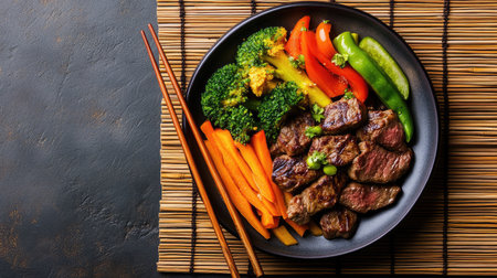 A visually appealing plate featuring grilled steak accompanied by vibrant vegetables, including broccoli, bell peppers, and carrots, showcasing a healthy meal option.の素材