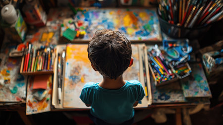 A young child immersed in art, surrounded by vibrant supplies and materials in a creative studio. The scene captures the essence of artistic exploration and imaginative play.の素材