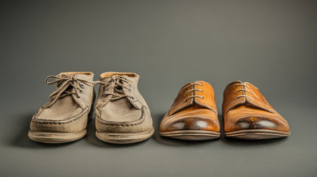 This image showcases a striking contrast between casual grey shoes and elegant brown leather footwear, perfect for illustrating diverse fashion choices.の素材