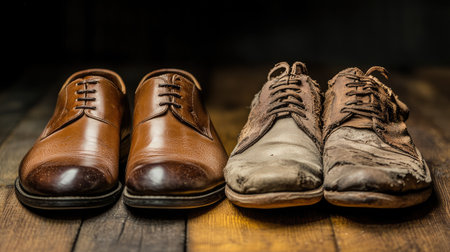 This image showcases a striking contrast between polished brown dress shoes and a pair of worn out footwear against a rustic wooden surface, symbolizing the passage of time and style choices.の素材