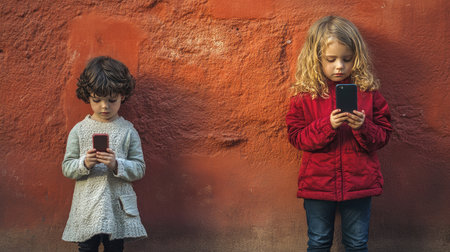 Two young children stand side by side, absorbed in their mobile phones, against a rustic red wall, reflecting the impact of technology on modern childhood and social behavior.の素材