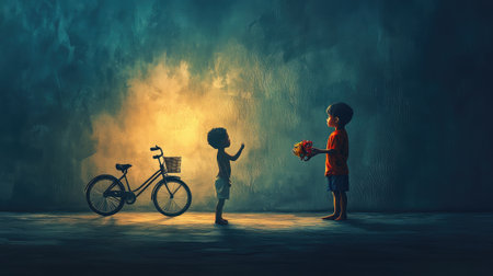A heartwarming scene of two children sharing a joyful moment with a bicycle nearby, emphasizing the beauty of friendship and connection through a simple act of giving.の素材