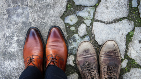 The image captures a contrast between stylish brown dress shoes and worn-out casual shoes on cobblestone, showcasing fashion choices and their impact on daily life.の素材