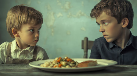 This engaging image captures a tense moment between two siblings at a dinner table, showcasing their expressions over uneaten food, emphasizing family dynamics and childhood challenges.の素材