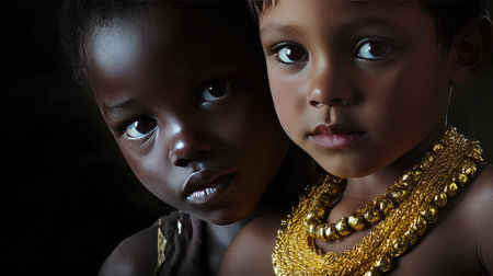 Two young children with beautiful expressions wearing gold necklaces, showcasing deep cultural heritage in a captivating and intimate portrait.の素材