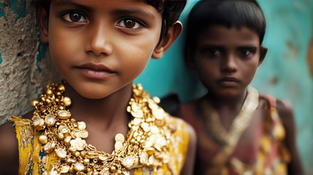 A striking close-up of a young child wearing intricate gold jewelry, capturing the essence of innocence and cultural beauty, with another child looking on in the background.の素材