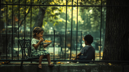 Two children share a moment in a park, one eating a snack while the other gazes off. The scene captures youthful innocence and the joys of outdoor play.の素材