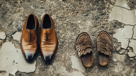 This image showcases a pair of elegant leather shoes next to casual sandals on a cracked surface, highlighting the distinct styles and textures ideal for various occasions.の素材