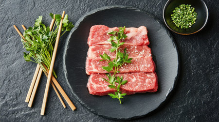 A visually appealing display of fresh raw meat cuts arranged on a slate plate, enhanced by green herbs and chopsticks, ideal for cooking enthusiasts and gourmet presentations.の素材