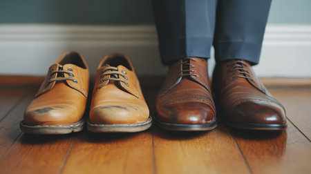 This image showcases two pairs of shoes, one casual and worn while the other is polished and formal, placed side by side on a wooden floor, highlighting style diversity.の素材
