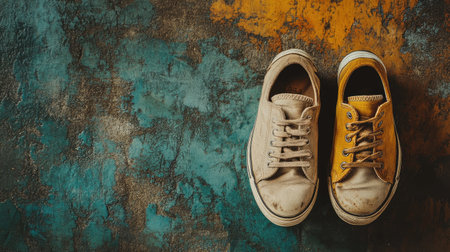 A pair of vintage sneakers, one yellow and one beige, are placed on a textured background featuring abstract patterns and warm tones, ideal for creative and lifestyle themes.の素材