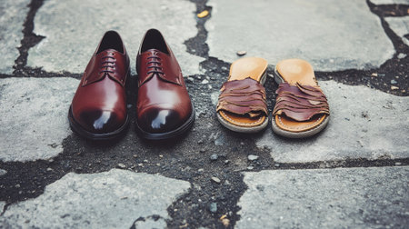A striking image showcasing formal brown shoes and casual slippers positioned on a cracked stone pathway, highlighting the fashion diversity and unique style of footwear.の素材