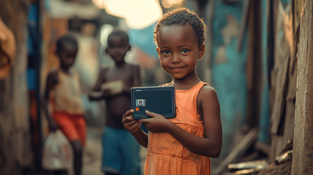 A young girl in an orange dress beams while holding a device amidst a vibrant urban backdrop, symbolizing hope and resilience in a lively community setting.の素材