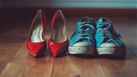 This image highlights the striking contrast between elegant red high heels and casual blue sneakers, set against a wooden floor, representing diverse fashion choices.の素材